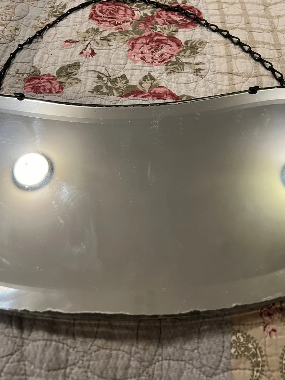 Antique Art Deco Beveled kidney shape hanging mirror w chain